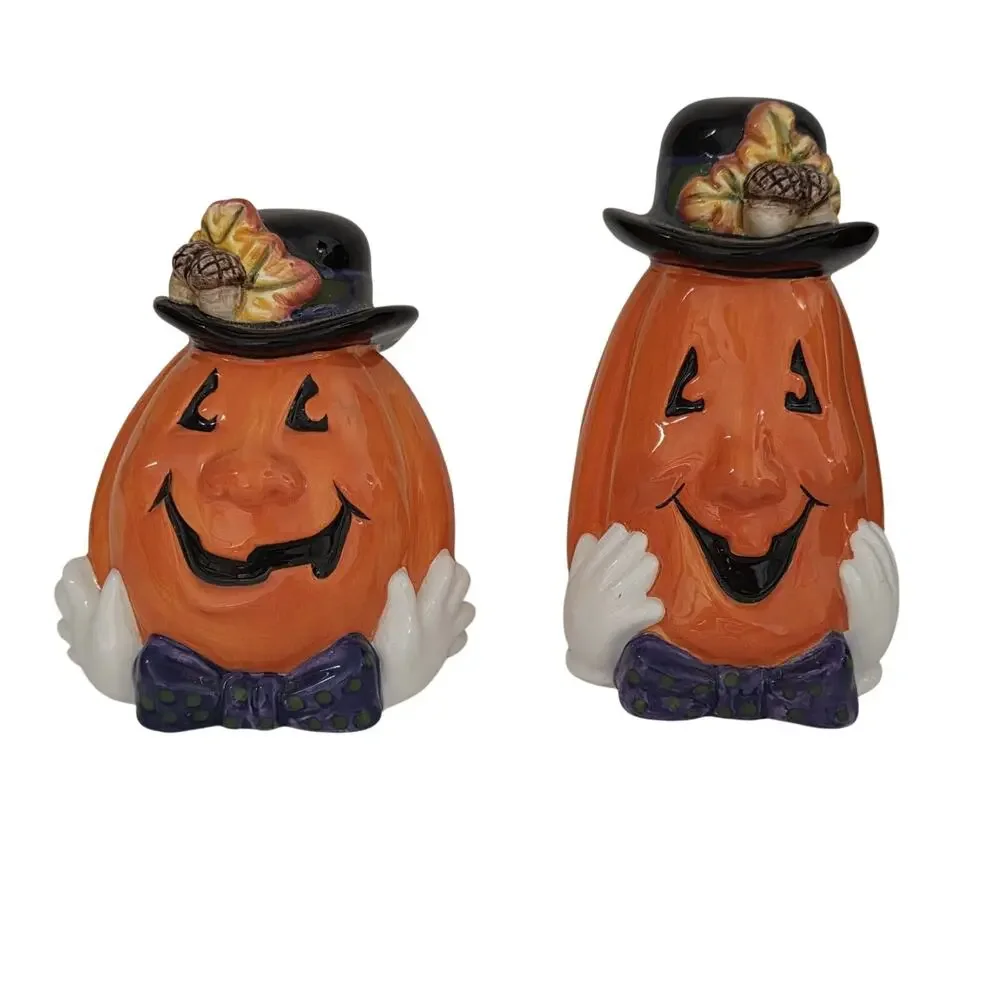 Vintage 2000 Fitz & Floyd Derby Pumpkins Salt & Pepper Shakers with Box